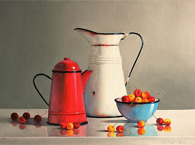Coloured Vintage French Enamelware with Cherries by Peter Dee
